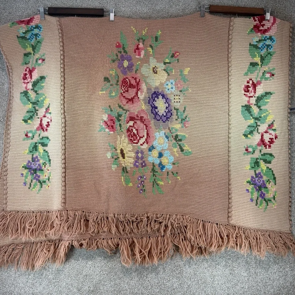 VTG Crochet Needle Point Roses Granny Cottage Core Afghan Blanket Throw *Flaw*